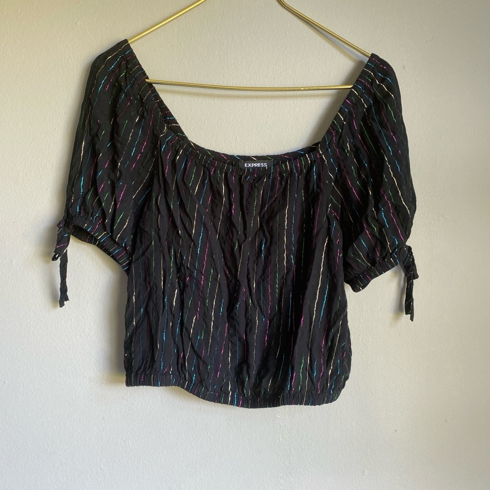 Express Black Off-Shoulder Crop Top with Multicolor Stripe Detail